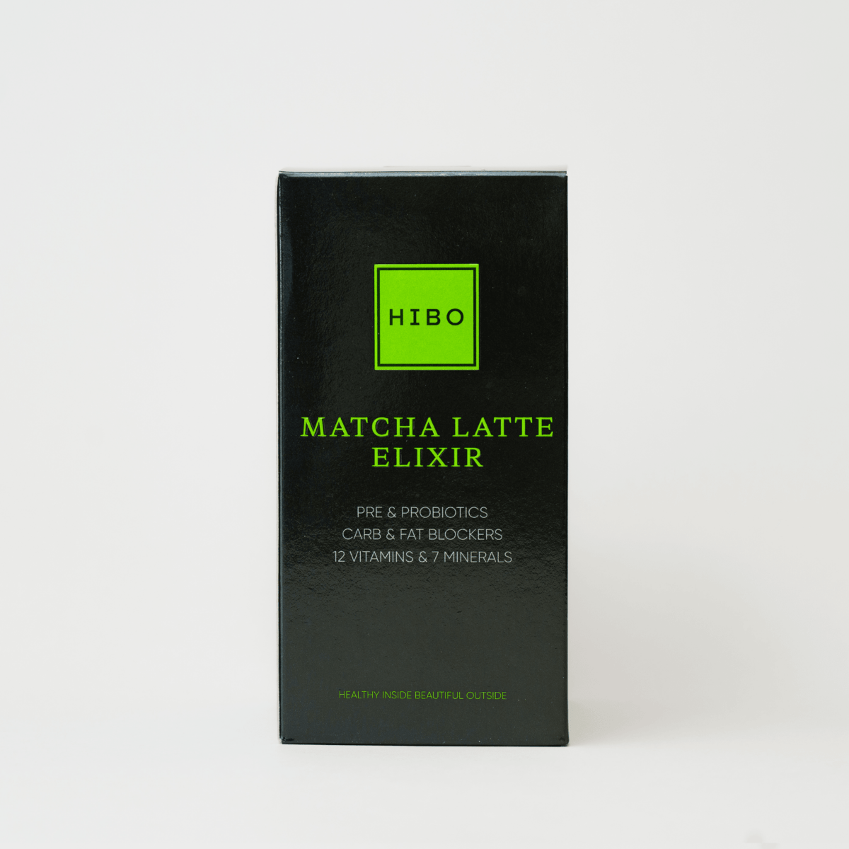 Matcha Latte Elixir packaging - matcha powder, pre and probiotics, carb and fat blocker, vitamins and minerals