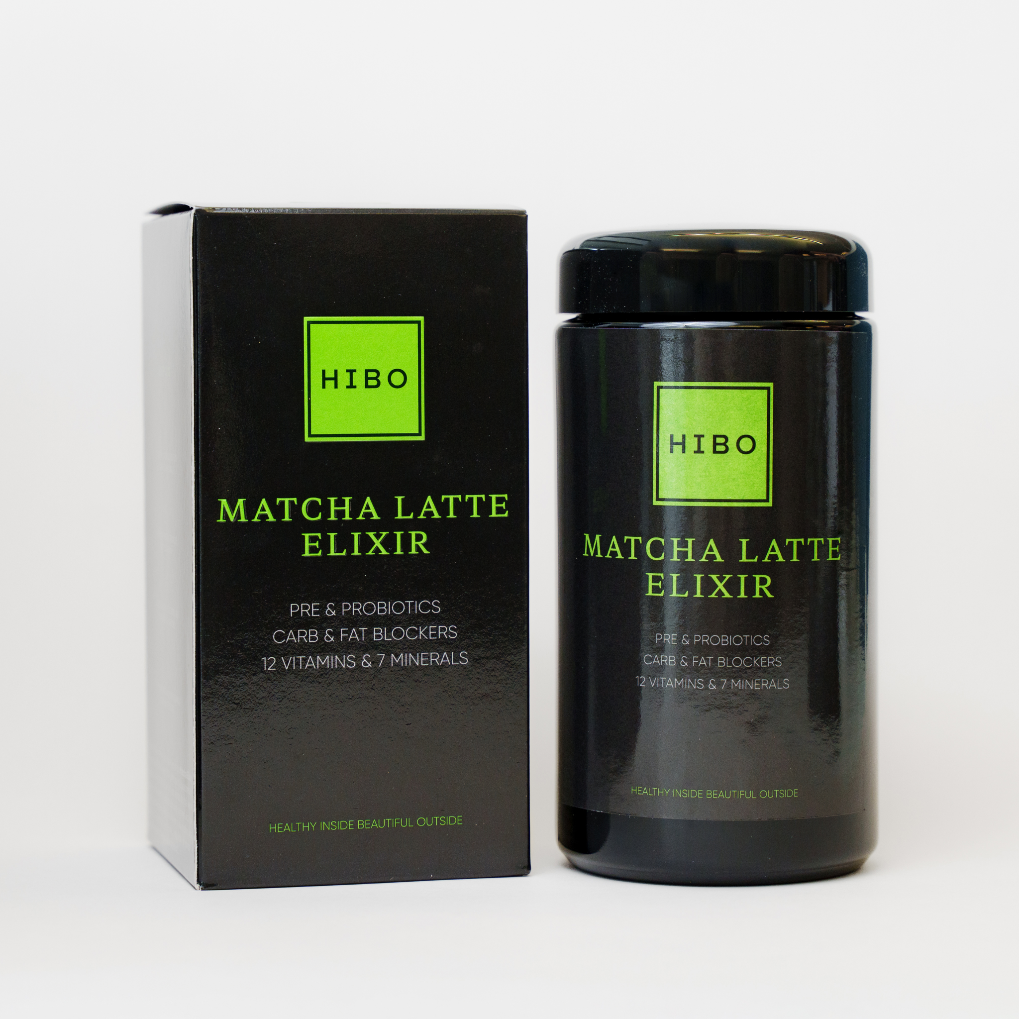 Matcha Latte Elixir packaging - matcha powder, pre and probiotics, carb and fat blocker, vitamins and minerals